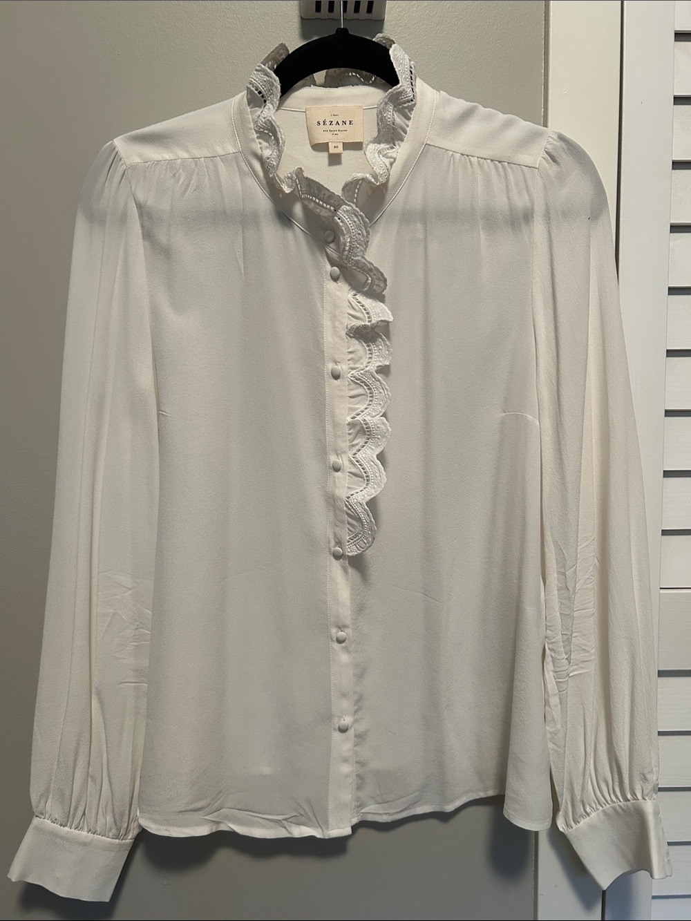 Sezane White Ruffle-Trim Button Blouse